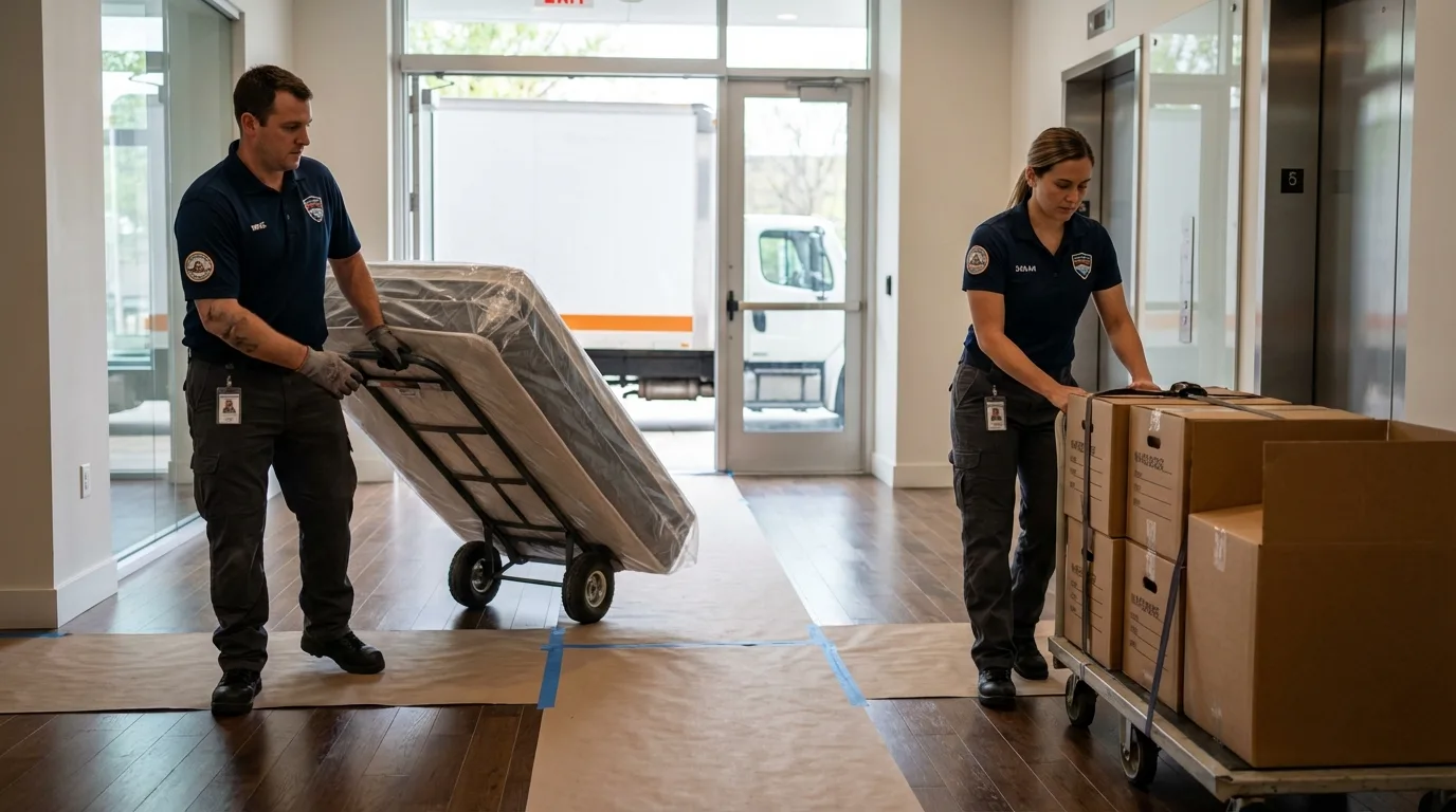 Professional apartment movers loading elevator in Williamstown, KY
